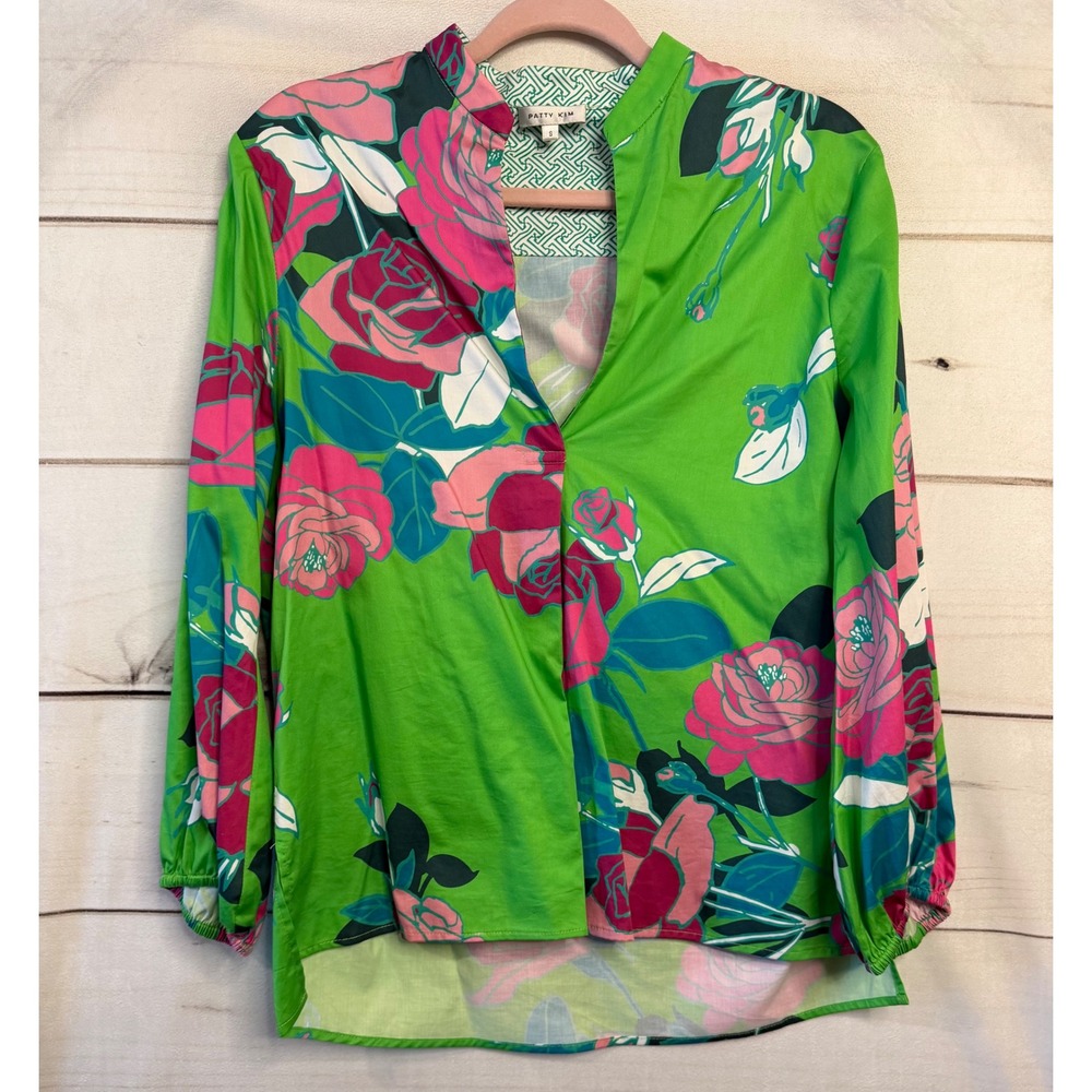Patty Kim Green Floral Rose Print Split Neck Cotton Blouse Top Small